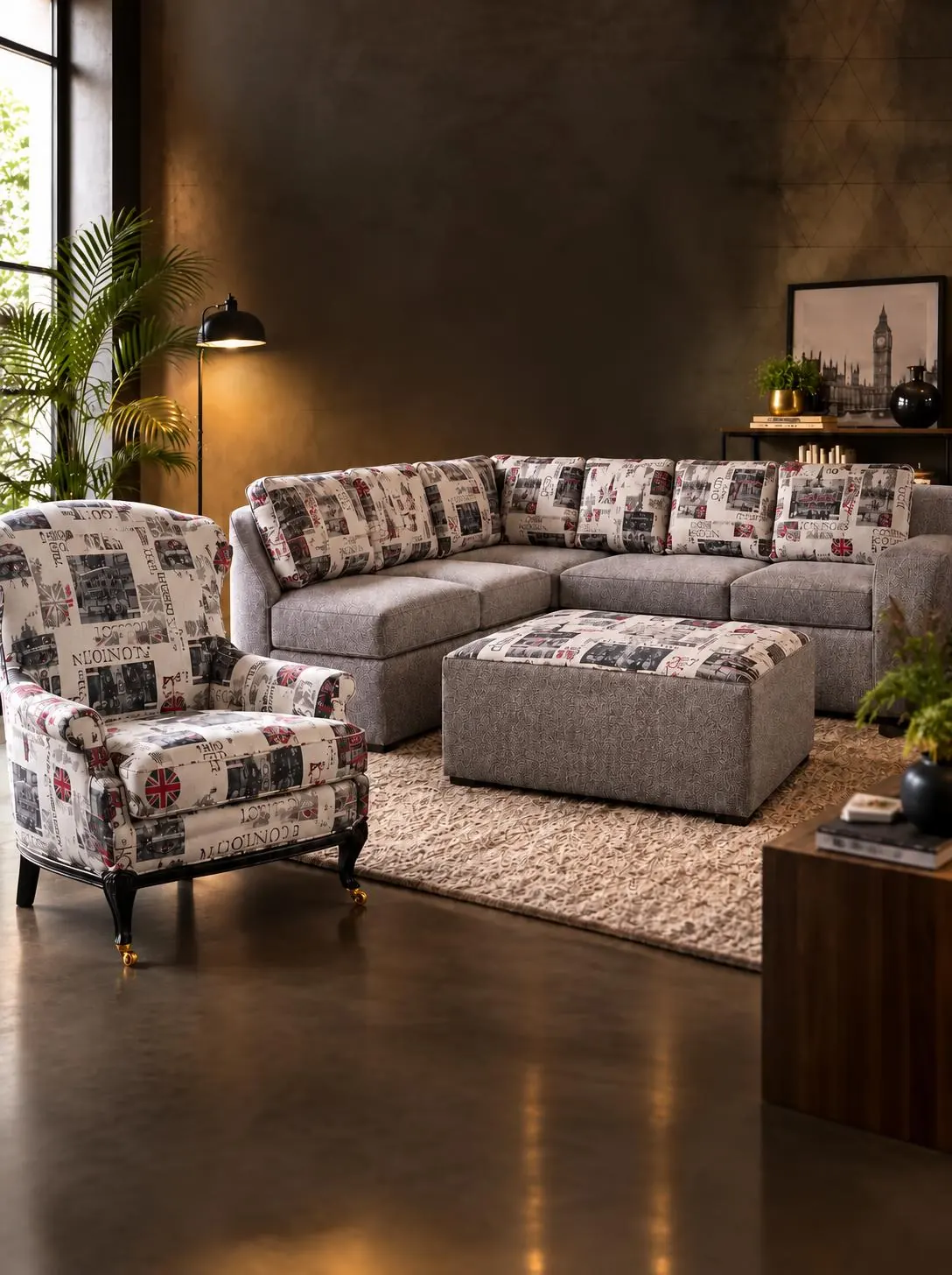 Diana corner suite with ottoman and matching armchair in London print fabric